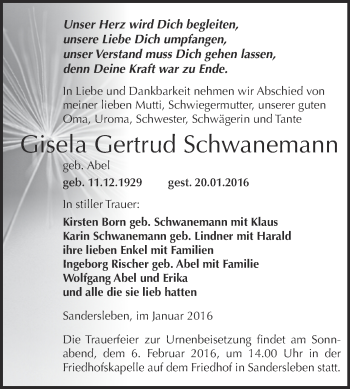 Traueranzeige von Gisela Gertrud Schwanemann von Wochenspiegel Mansfelder Land
