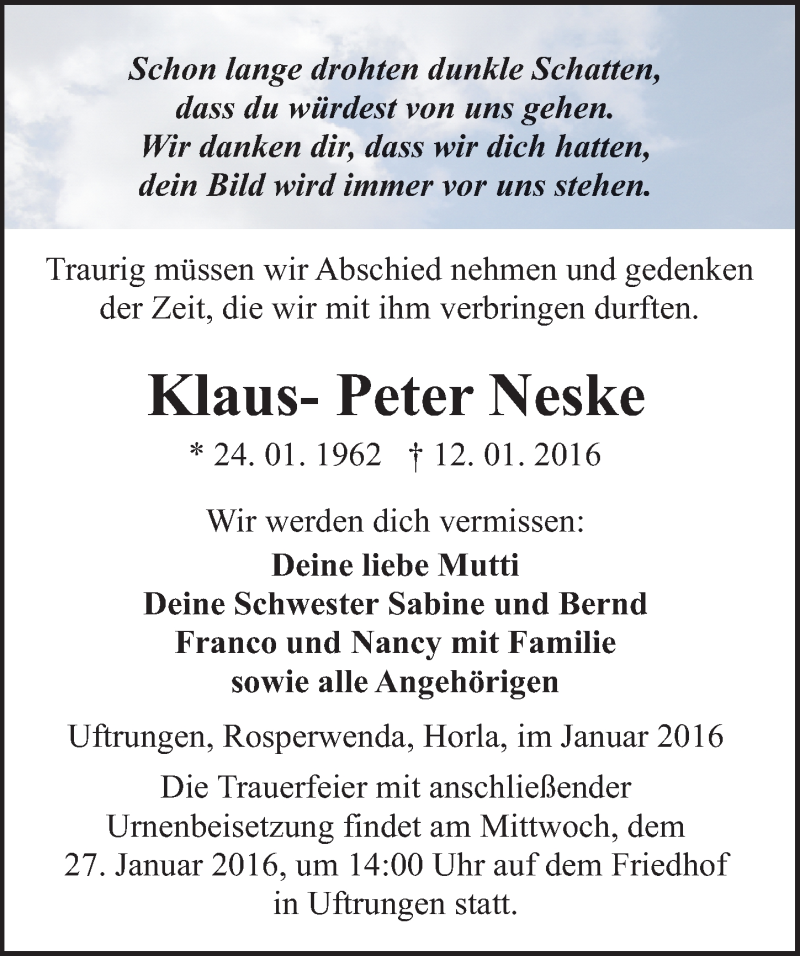  Traueranzeige für Klaus- Peter Neske vom 22.01.2016 aus Mitteldeutsche Zeitung Sangerhausen