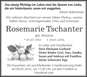 Traueranzeige von Rosemarie Tschanter von WVG - Wochenspiegel Dessau / Köthen