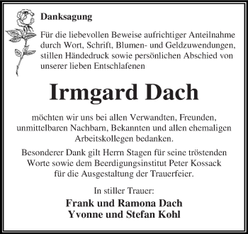 Traueranzeige von Irmgard Dach von WVG - Wochenspiegel Dessau / Köthen