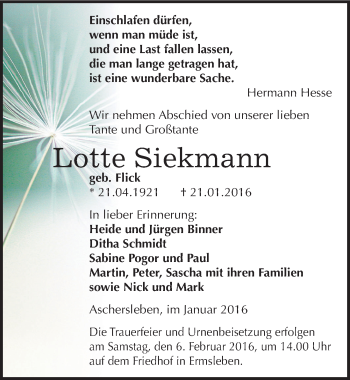 Traueranzeige von Lotte Siekmann von Mitteldeutsche Zeitung Aschersleben