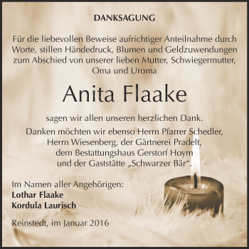Traueranzeige von Anita Flaake von Super Sonntag Aschersleben