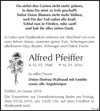 Traueranzeige von Alfred Pfeiffer von WVG - Wochenspiegel NMB / WSF / ZTZ