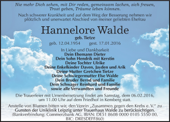 Traueranzeige von Hannelore Walde von Mitteldeutsche Zeitung Wittenberg