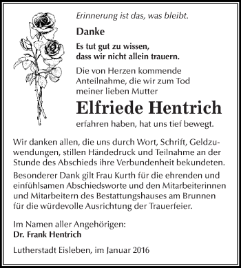 Traueranzeige von Elfriede Hentrich von Wochenspiegel Mansfelder Land