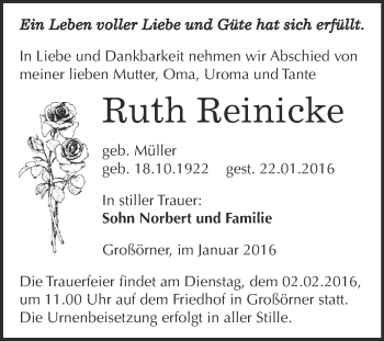 Traueranzeige von Ruth Reinicke von Super Sonntag Aschersleben
