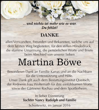 Traueranzeige von Martina Böwe von WVG - Wochenspiegel Dessau / Köthen
