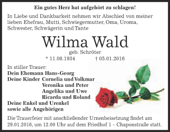 Traueranzeige von Wilma Wald von WVG - Wochenspiegel Dessau / Köthen