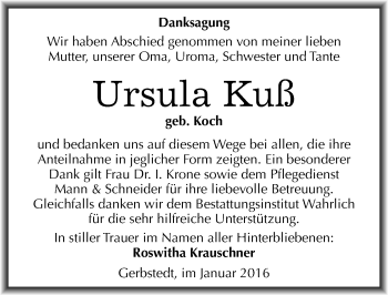 Traueranzeige von Ursula Kuß von Mitteldeutsche Zeitung Mansfelder Land