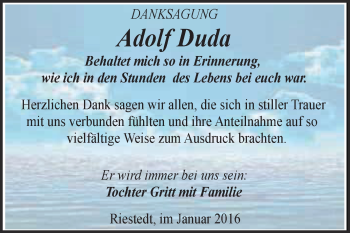 Traueranzeige von Adolf Duda von Super Sonntag SGH Mansf. Land