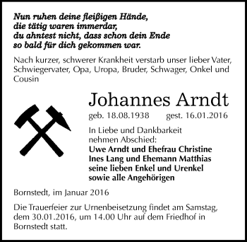 Traueranzeige von Johannes Arndt von Mitteldeutsche Zeitung Mansfelder Land