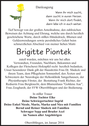 Traueranzeige von Brigitte Piontek von Mitteldeutsche Zeitung Sangerhausen