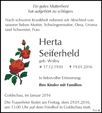 Traueranzeige von Herta Seiferheld von Super Sonntag Zeitz