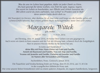 Traueranzeige von Margarete Wittek von Super Sonntag Aschersleben