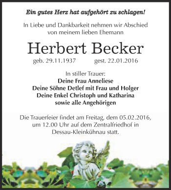 Traueranzeige von Herbert Becker von WVG - Wochenspiegel Dessau / Köthen