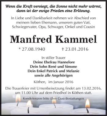 Traueranzeige von Manfred Kammel von Mitteldeutsche Zeitung Köthen