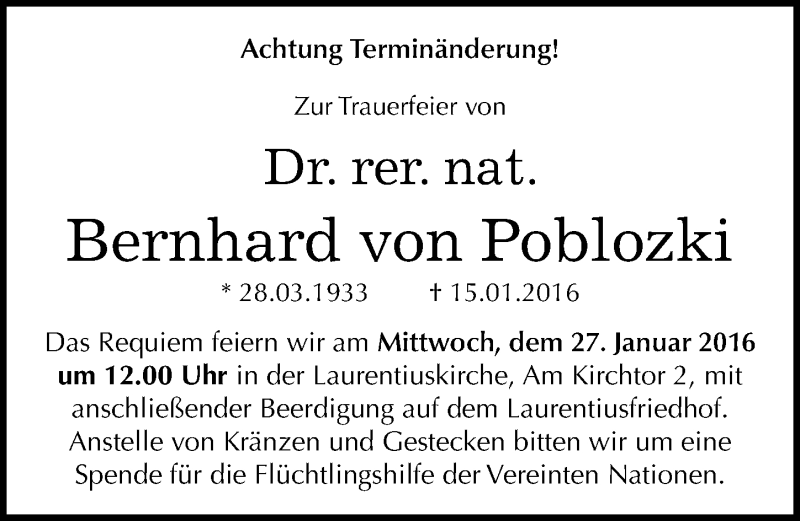 Traueranzeigen von Bernhard von Poblozki www.abschiednehmen.de