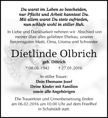 Traueranzeige von Dietlinde Olbrich von Mitteldeutsche Zeitung Merseburg/Querfurt