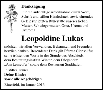 Traueranzeige von Leopoldine Lukas von Mitteldeutsche Zeitung Bitterfeld