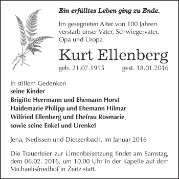 Traueranzeige von Kurt Ellenberg von Super Sonntag Zeitz