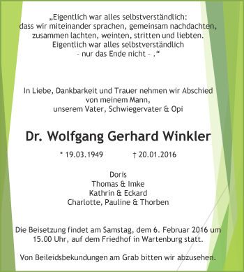 Traueranzeige von Wolfgang Gerhard Winkler von Super Sonntag Wittenberg
