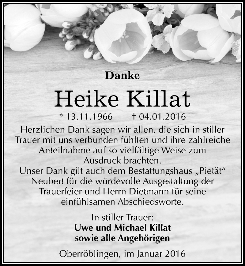  Traueranzeige für Heike Killat vom 23.01.2016 aus Mitteldeutsche Zeitung Sangerhausen