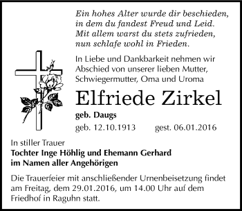 Traueranzeige von Elfriede Zirkel von Mitteldeutsche Zeitung Bitterfeld