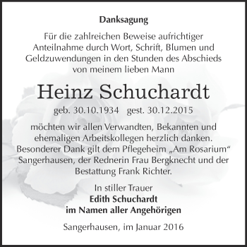 Traueranzeige von Heinz Schuchardt von Super Sonntag SGH Mansf. Land
