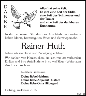 Traueranzeige von Rainer Huth von WVG - Wochenspiegel NMB / WSF / ZTZ