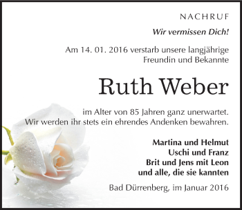Traueranzeige von Ruth Weber von Mitteldeutsche Zeitung Merseburg/Querfurt