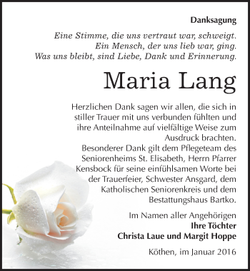 Traueranzeige von Maria Lang von Mitteldeutsche Zeitung Köthen