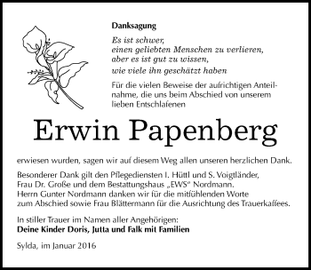 Traueranzeige von Erwin Papenberg von Mitteldeutsche Zeitung Mansfelder Land