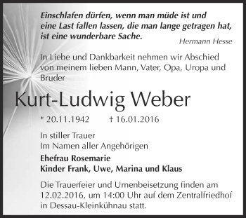 Traueranzeige von Kurt-Ludwig Weber von WVG - Wochenspiegel Dessau / Köthen