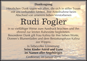 Traueranzeige von Rudi Fogler von Mitteldeutsche Zeitung Mansfelder Land