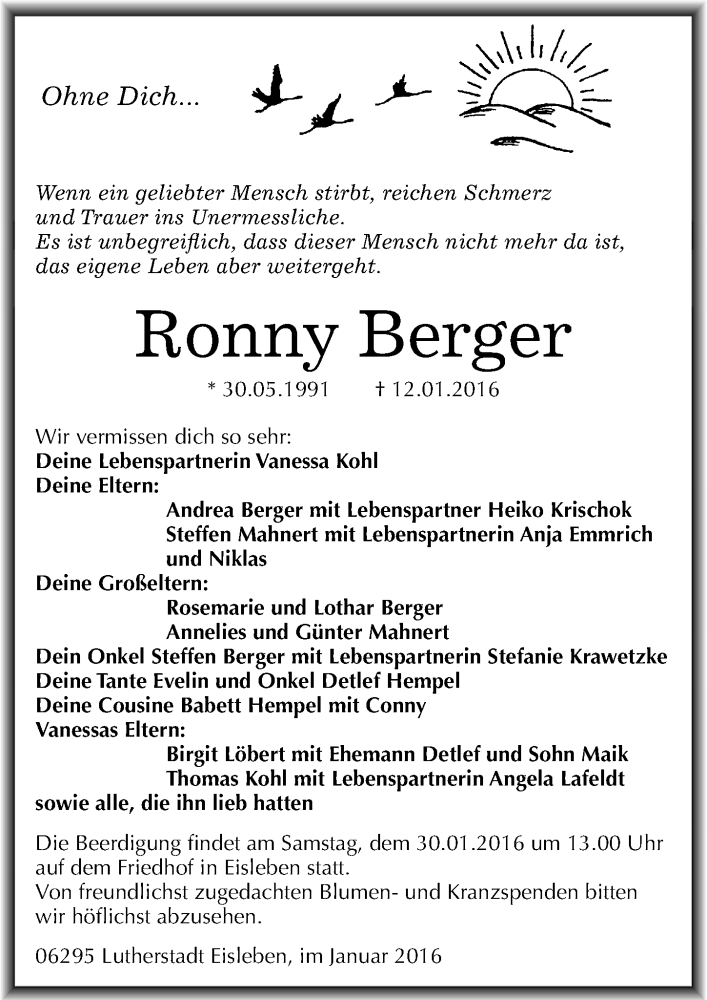  Traueranzeige für Ronny Berger vom 23.01.2016 aus Mitteldeutsche Zeitung Mansfelder Land