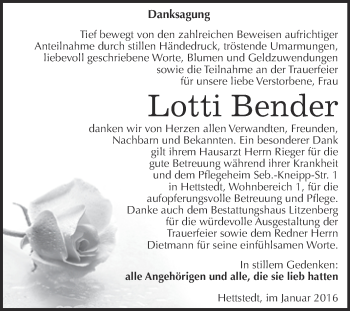 Traueranzeige von Lotti Bender von Wochenspiegel Mansfelder Land