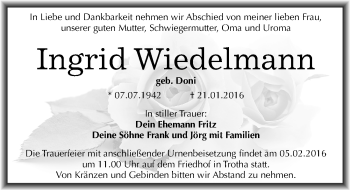 Traueranzeige von Ingrid Wiedelmann von Mitteldeutsche Zeitung Halle/Saalkreis