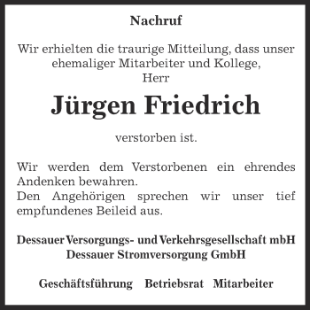 Traueranzeige von Jürgen Friedrich von Super Sonntag Dessau / Köthen