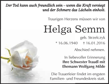 Traueranzeige von Helga Semm von WVG - Wochenspiegel Dessau / Köthen