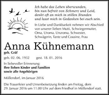 Traueranzeige von Anna Kühnemann von Mitteldeutsche Zeitung Mansfelder Land