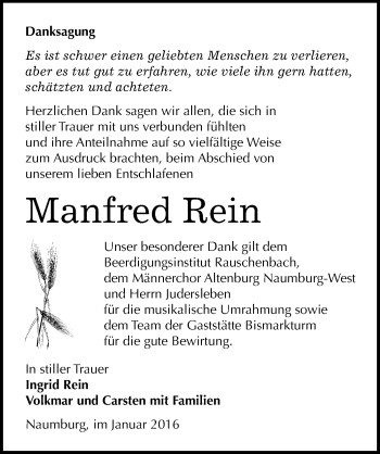 Traueranzeige von Manfred Rein von Mitteldeutsche Zeitung Naumburg/Nebra