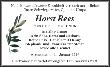 Traueranzeige von Horst Rees von Super Sonntag Aschersleben