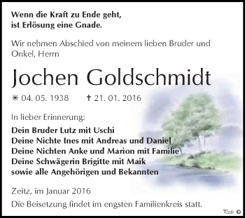 Traueranzeige von Jochen Goldschmidt von Super Sonntag Zeitz
