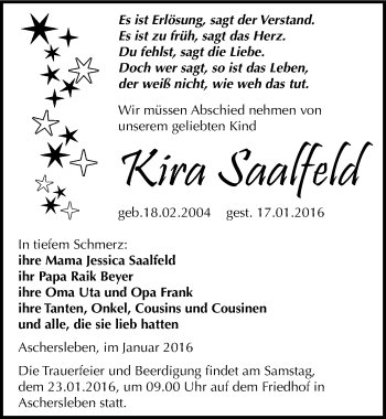 Traueranzeige von Kira Saalfeld von Mitteldeutsche Zeitung Aschersleben