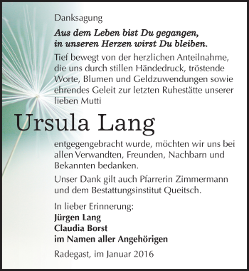 Traueranzeige von Ursula Lang von Mitteldeutsche Zeitung Köthen
