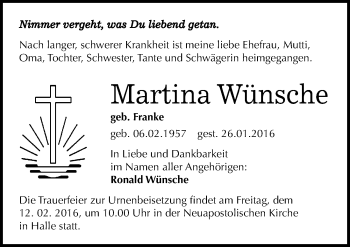 Traueranzeige von Martina Wünsche von Mitteldeutsche Zeitung Halle/Saalkreis