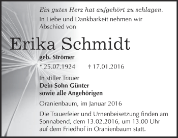 Traueranzeige von Erika Schmidt von WVG - Wochenspiegel Wittenberg
