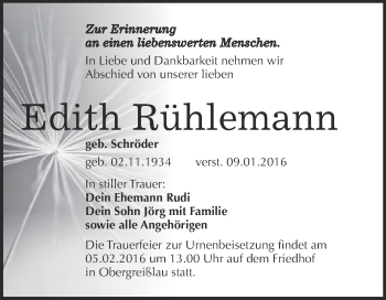 Traueranzeige von Edith Rühlemann von WVG - Wochenspiegel NMB / WSF / ZTZ