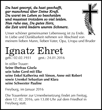 Traueranzeige von Ignatz Ehret von Mitteldeutsche Zeitung Naumburg/Nebra