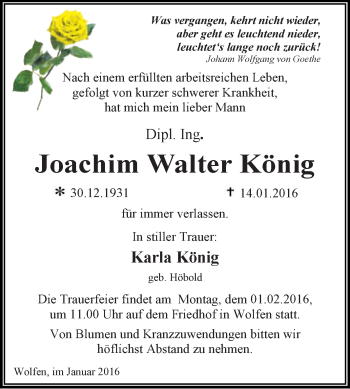 Traueranzeige von Joachim Walter König von WVG - Wochenspiegel Dessau / Köthen